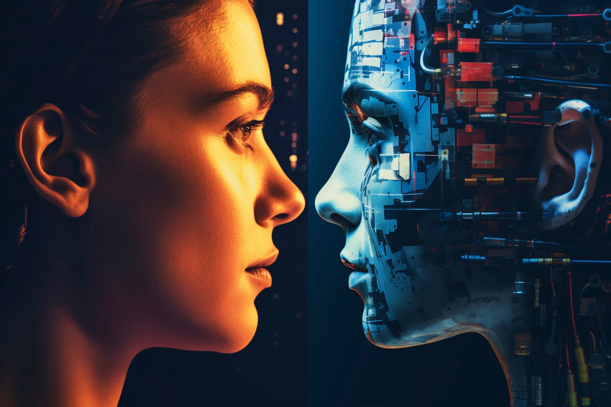 Human face mirrored by an AI robot face