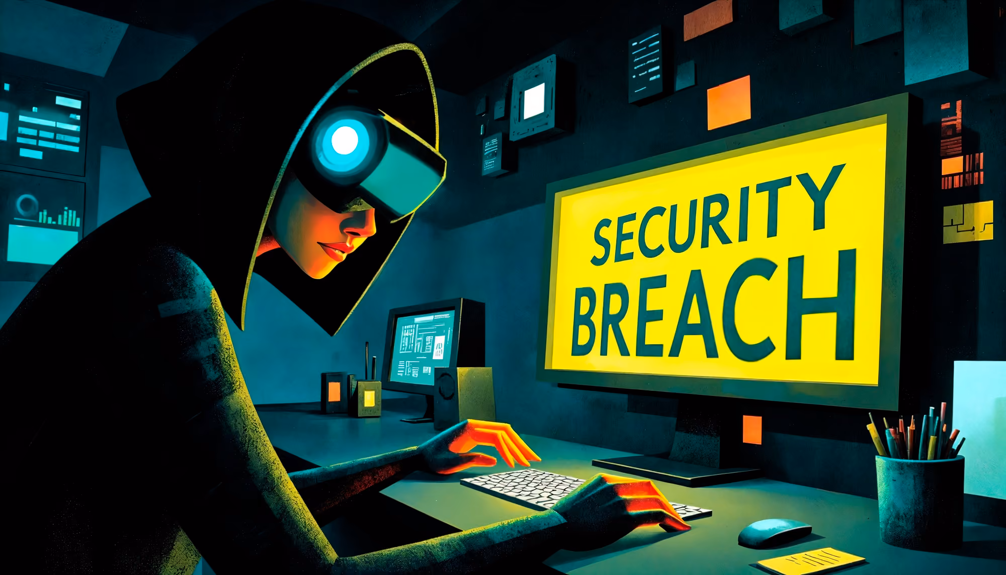 Hacker at a computer showing a security breach alert