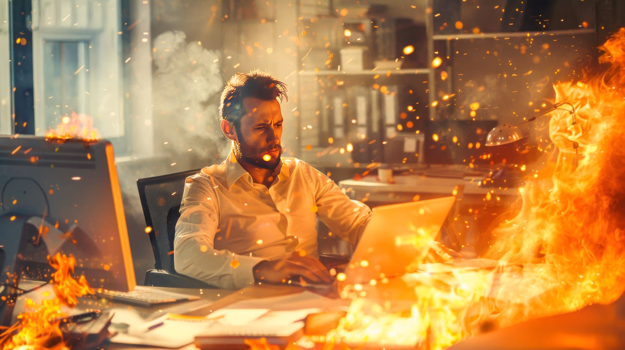 Worker at a laptop as fire spreads through the office